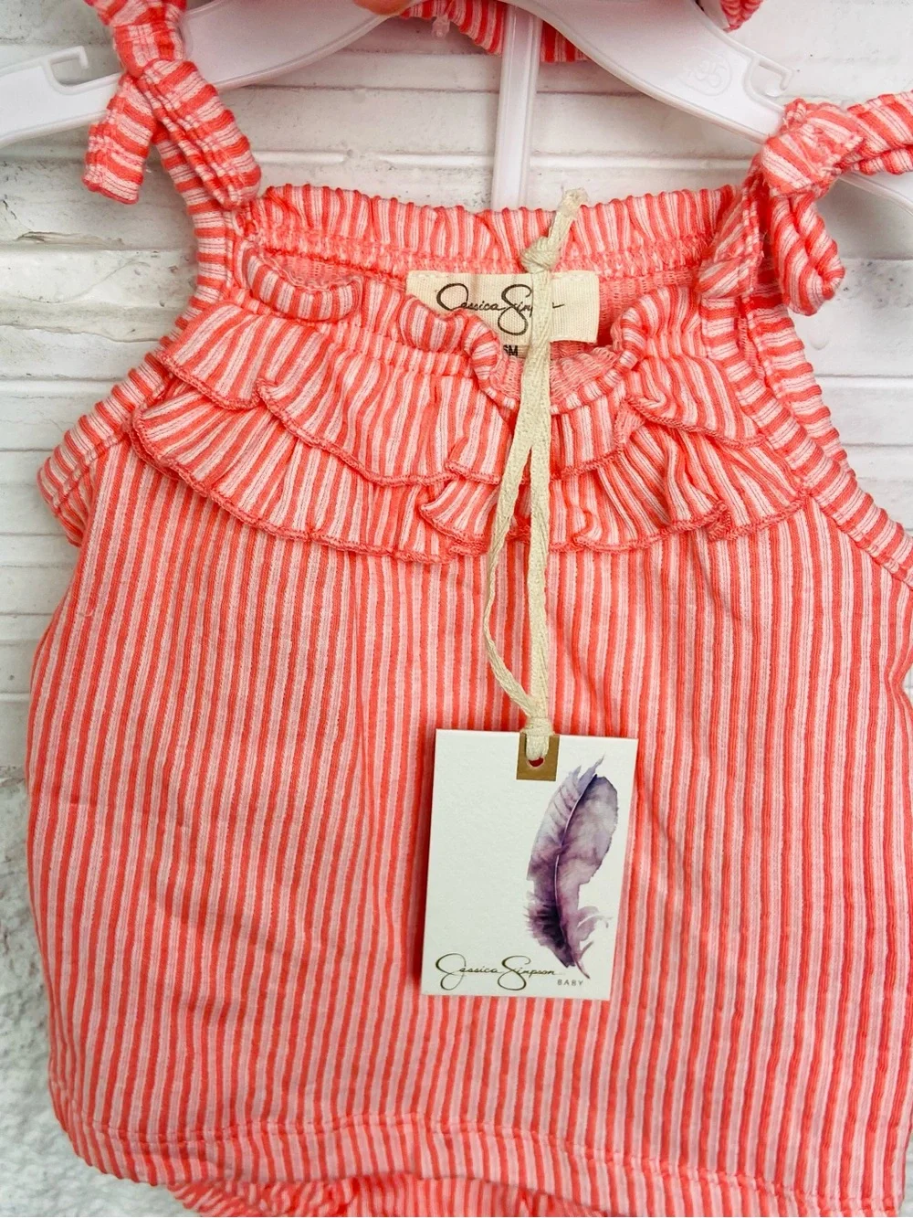 Jessica Simpson Coral & White Striped Ruffle Tie-Shoulder One-Piece W/ headband